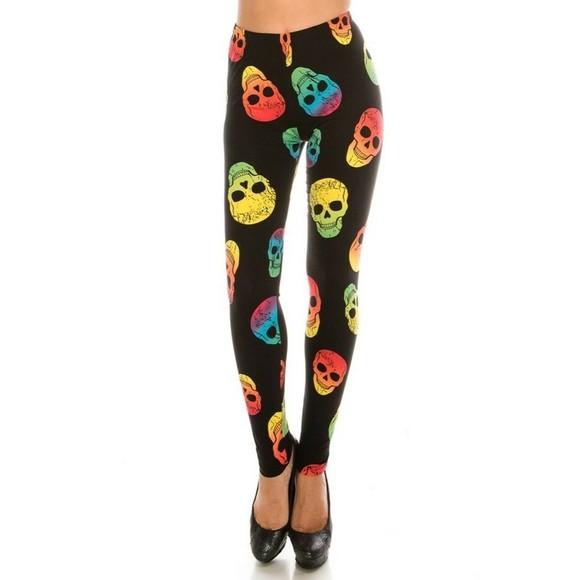 Reg‎ One Size Buttery Soft Black Yellow and Red Sugar Skull Leggings - Picture 3 of 6